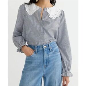 J.Crew Women’s Striped Navy Blue White Lace Eyelet Collar Cotton Poplin Top Med